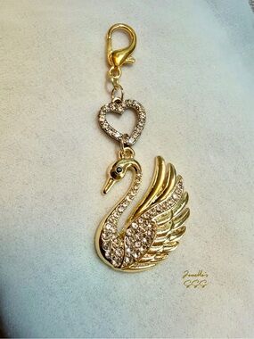 Gold Crystal Swan Keychain Charm with Heart Accent